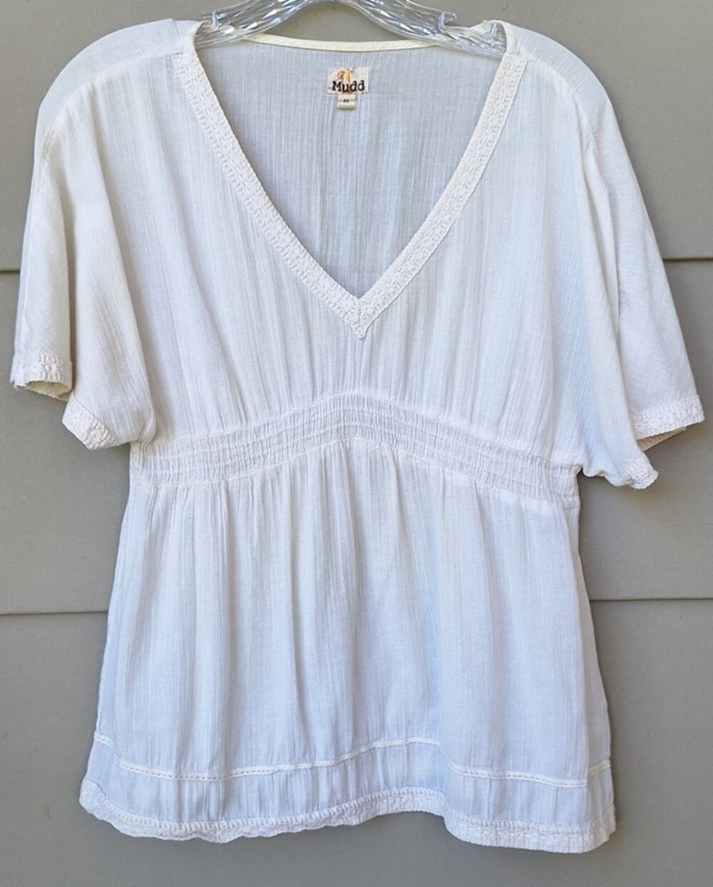 Mudd Y2K 100% Cotton Crochet Cream gauze V neck Short Sleeves Bouse Top Size M